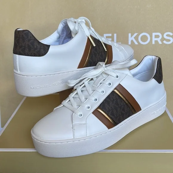 MICHAEL KORS POPPY STRIPE LACE UP NAPPA FAUX LEATHER WMNS OPTIC WHITE/BROWN - Picture 9 of 16